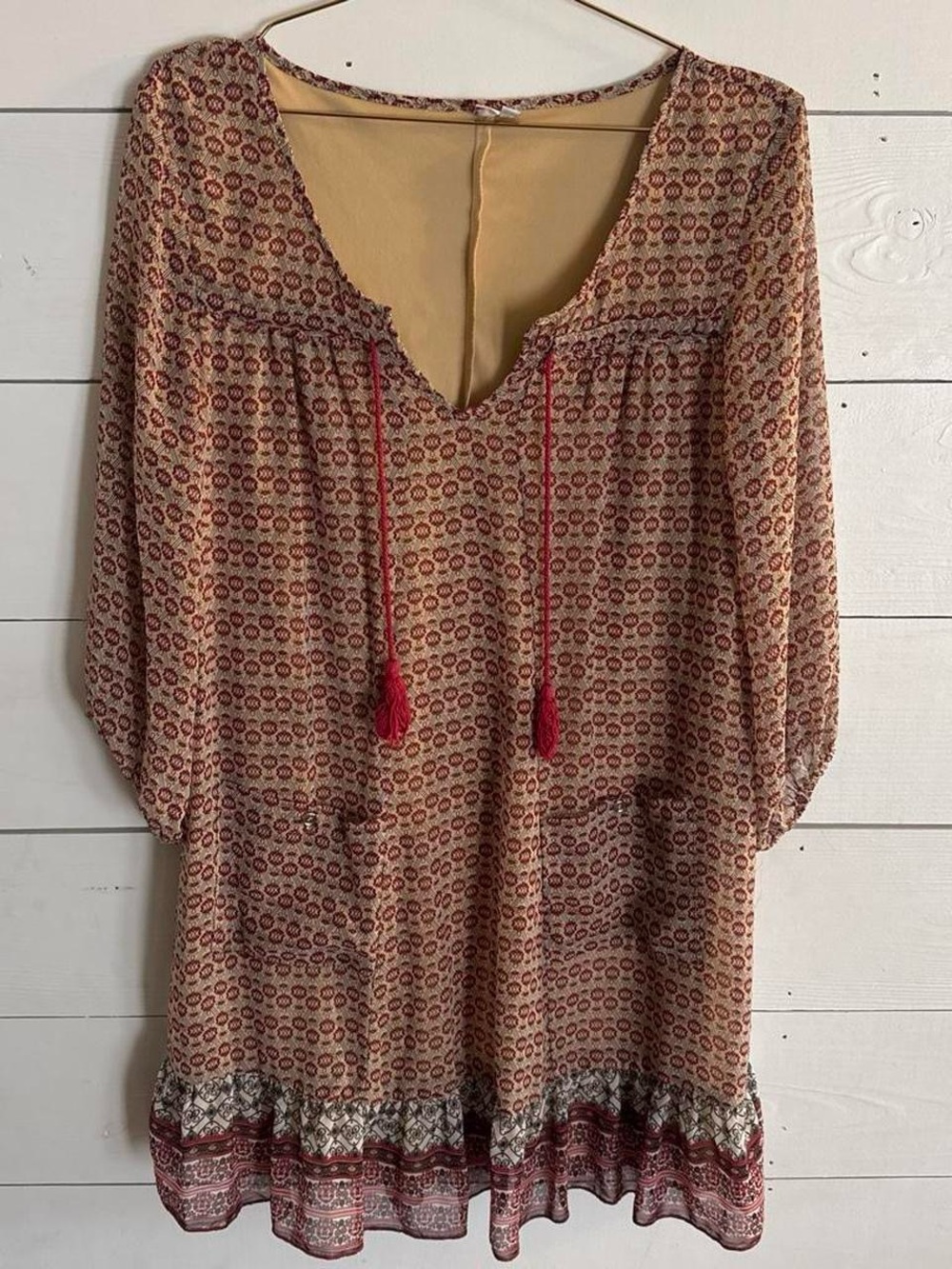 AUW Red and Cream Boho Tassel Peasant Tunic